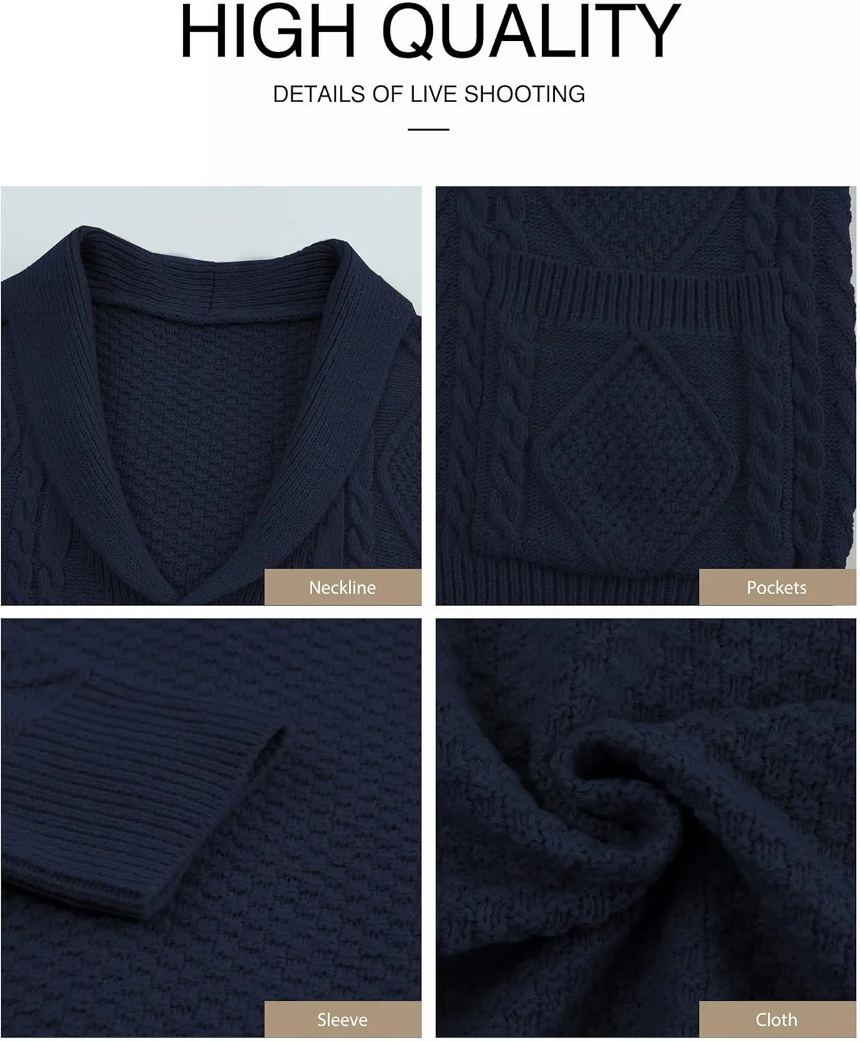 JMIERR Men's Casual Long Sleeve Shawl Collar Buttons Down Cable Knit Cardigan Sweater with Pockets