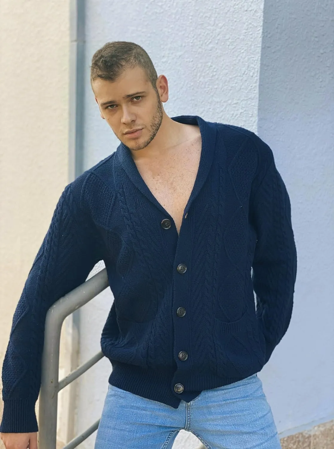JMIERR Men's Casual Long Sleeve Shawl Collar Buttons Down Cable Knit Cardigan Sweater with Pockets