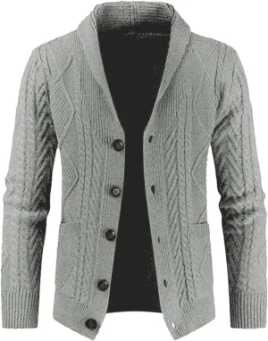 JMIERR Men's Casual Long Sleeve Shawl Collar Buttons Down Cable Knit Cardigan Sweater with Pockets