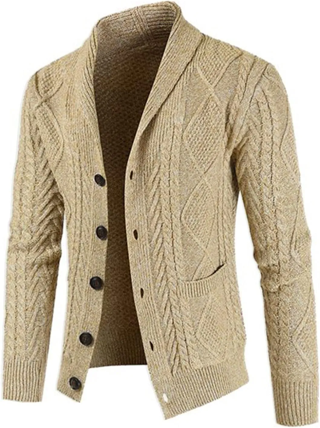 JMIERR Men's Casual Long Sleeve Shawl Collar Buttons Down Cable Knit Cardigan Sweater with Pockets