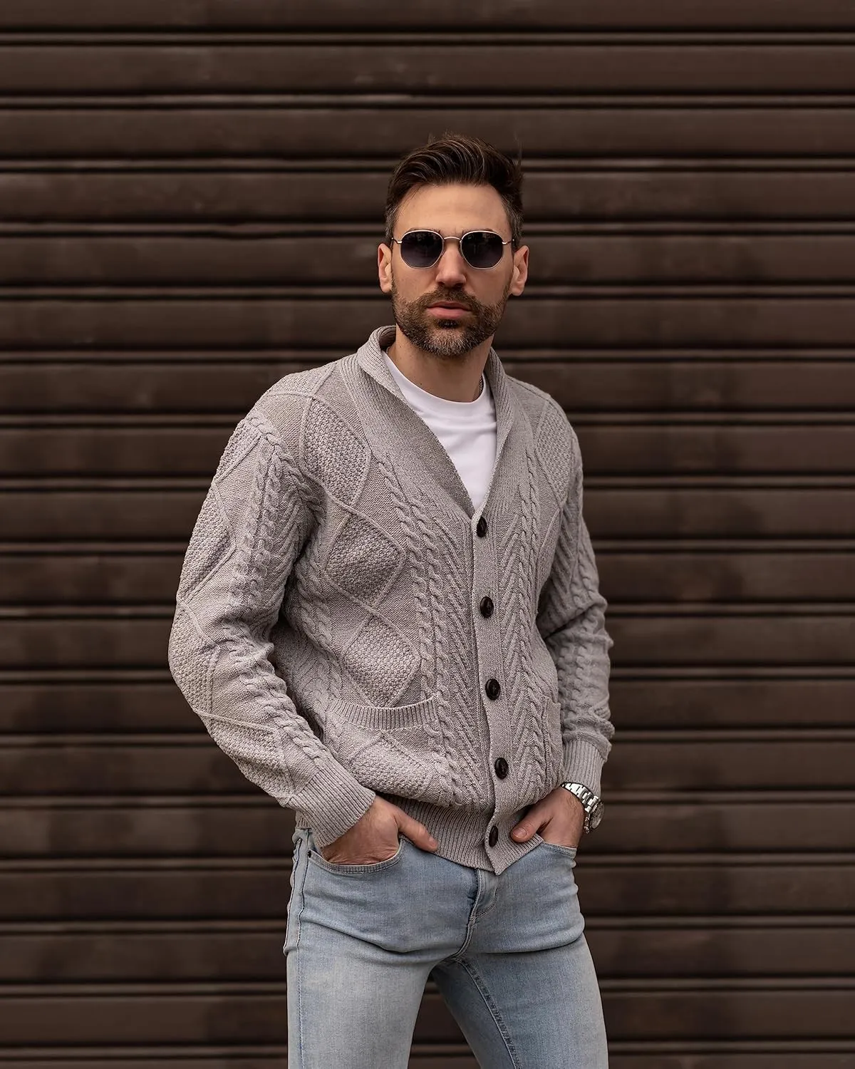 JMIERR Men's Casual Long Sleeve Shawl Collar Buttons Down Cable Knit Cardigan Sweater with Pockets
