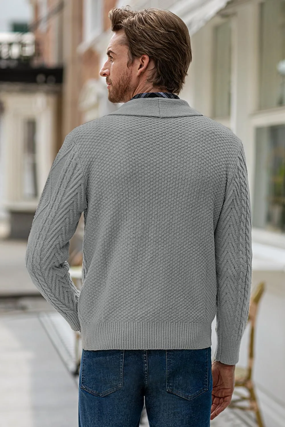 JMIERR Men's Casual Long Sleeve Shawl Collar Buttons Down Cable Knit Cardigan Sweater with Pockets