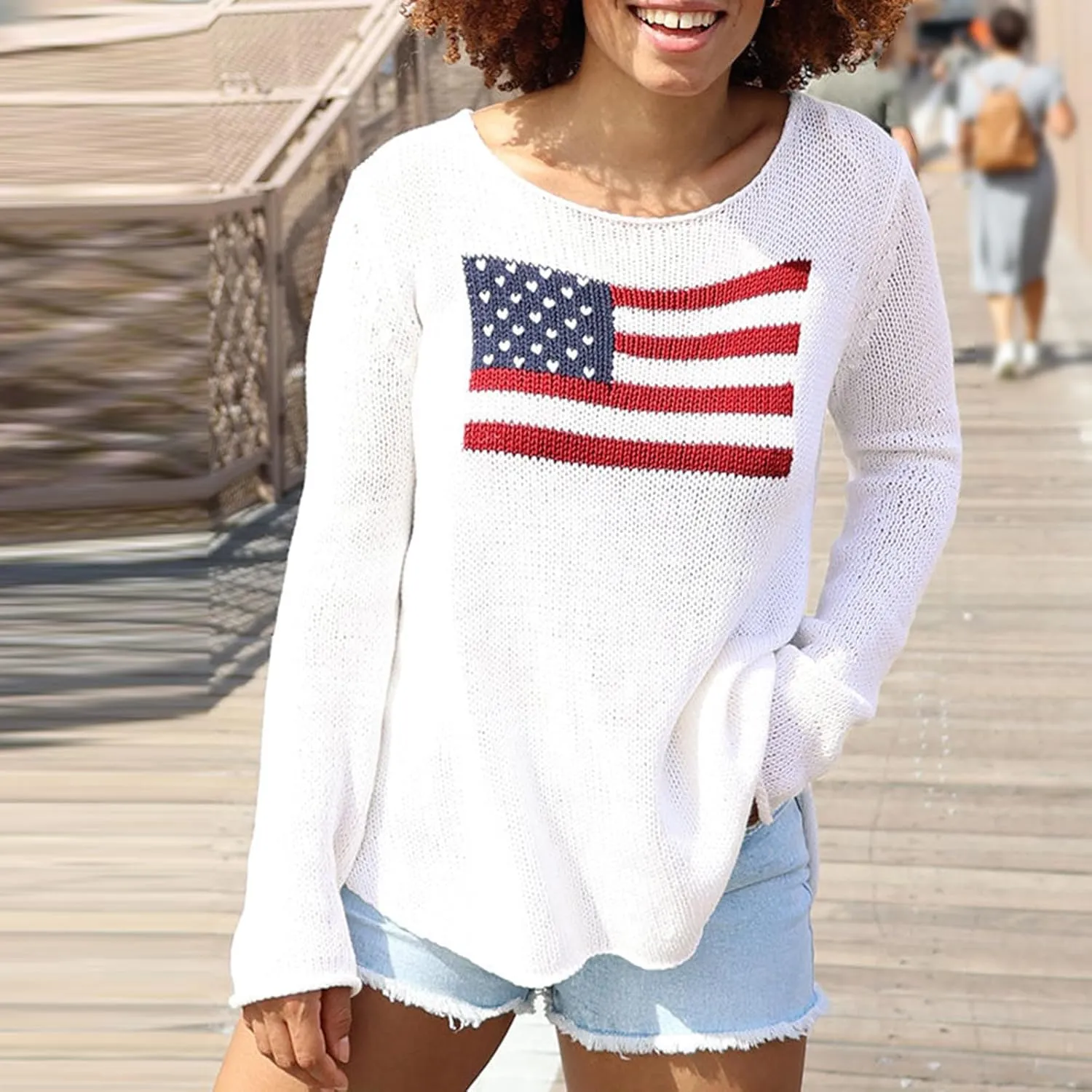 Karwuiio Women's Flag Pattern Long Sleeve Crew Neck Sweater Casual Loose 4th of July Pullover Sweater