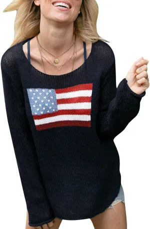 Karwuiio Women's Flag Pattern Long Sleeve Crew Neck Sweater Casual Loose 4th of July Pullover Sweater