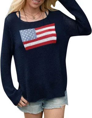 Karwuiio Women's Flag Pattern Long Sleeve Crew Neck Sweater Casual Loose 4th of July Pullover Sweater