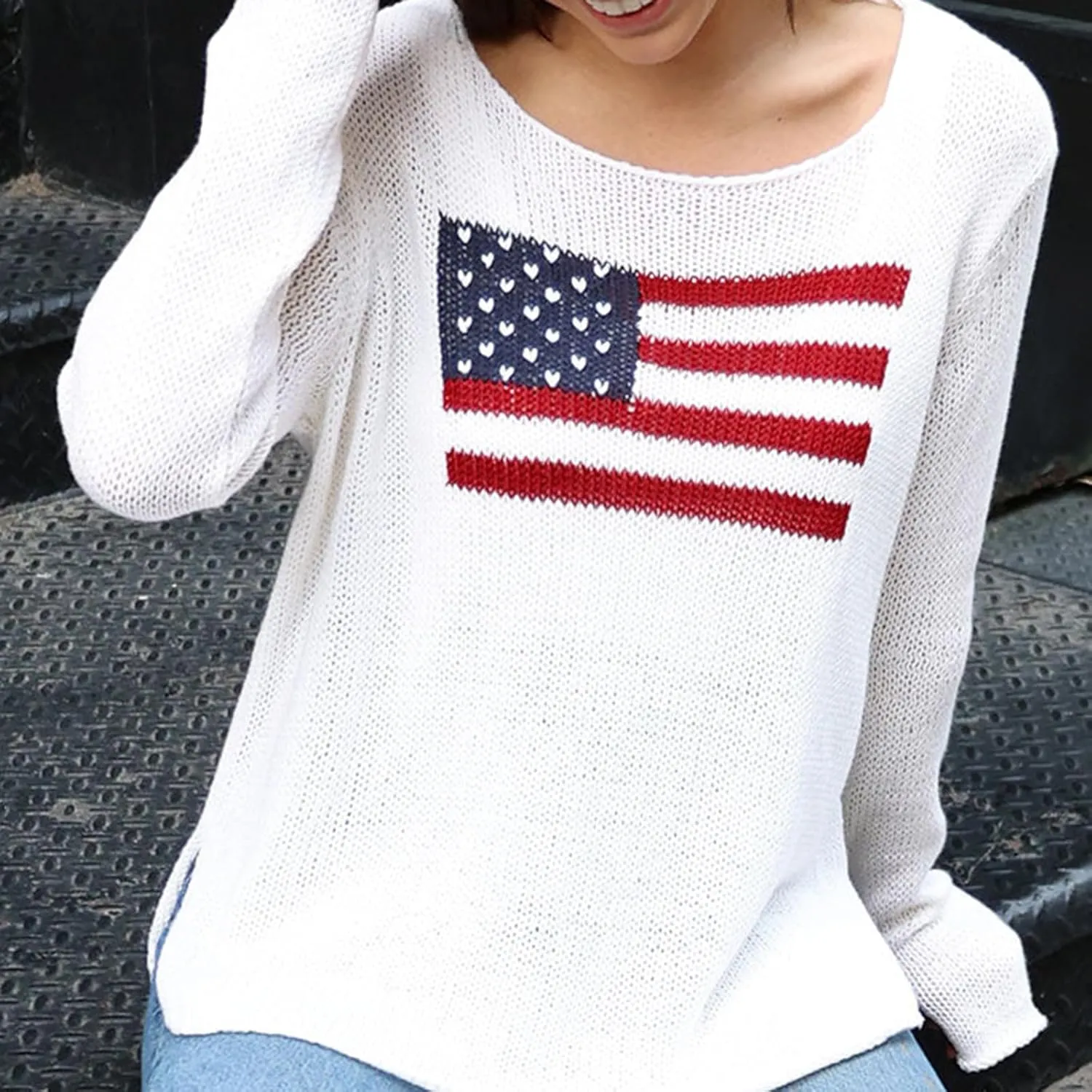 Karwuiio Women's Flag Pattern Long Sleeve Crew Neck Sweater Casual Loose 4th of July Pullover Sweater