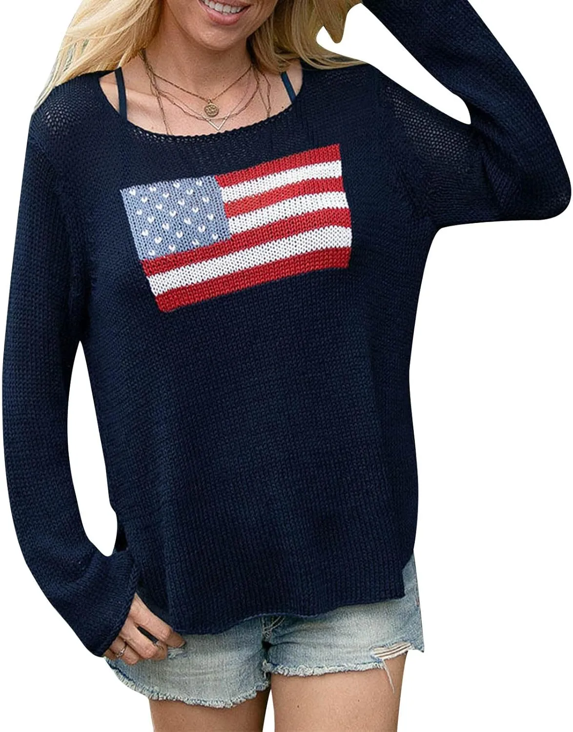 Karwuiio Women's Flag Pattern Long Sleeve Crew Neck Sweater Casual Loose 4th of July Pullover Sweater