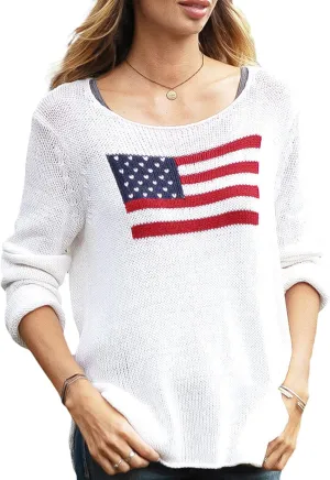 Karwuiio Women's Flag Pattern Long Sleeve Crew Neck Sweater Casual Loose 4th of July Pullover Sweater