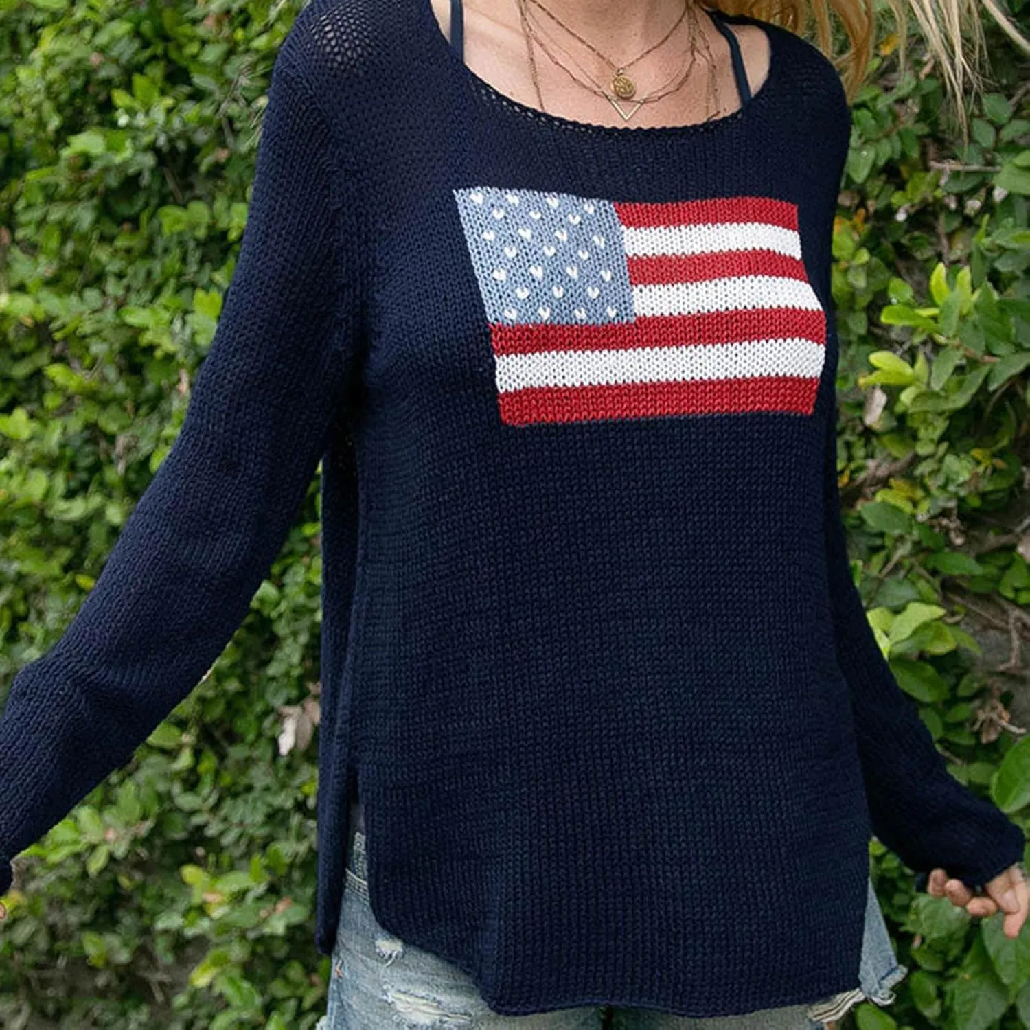 Karwuiio Women's Flag Pattern Long Sleeve Crew Neck Sweater Casual Loose 4th of July Pullover Sweater