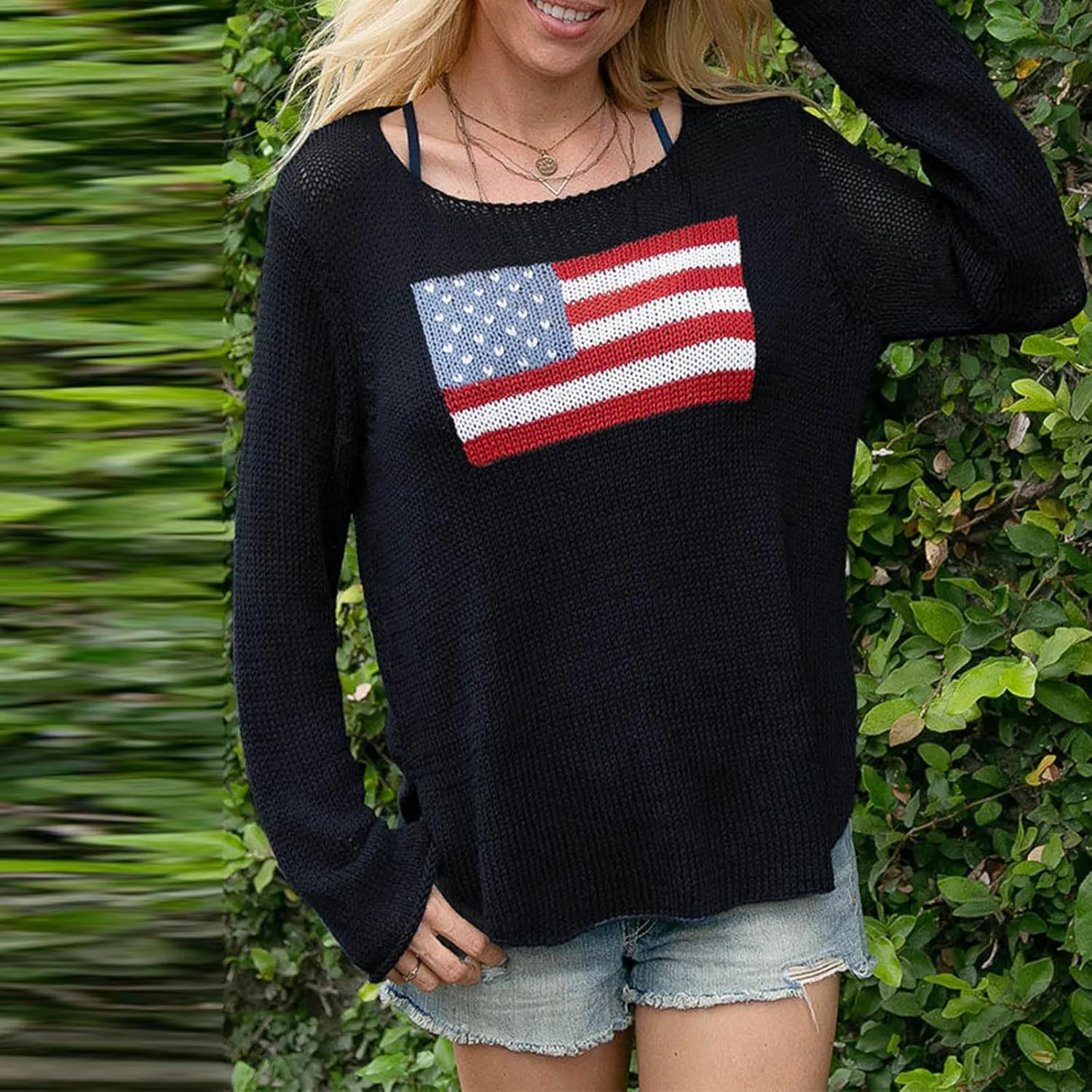 Karwuiio Women's Flag Pattern Long Sleeve Crew Neck Sweater Casual Loose 4th of July Pullover Sweater