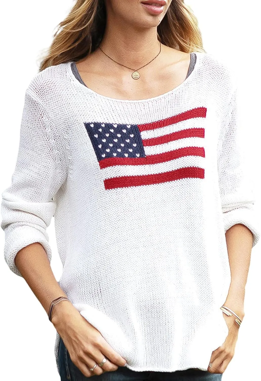 Karwuiio Women's Flag Pattern Long Sleeve Crew Neck Sweater Casual Loose 4th of July Pullover Sweater