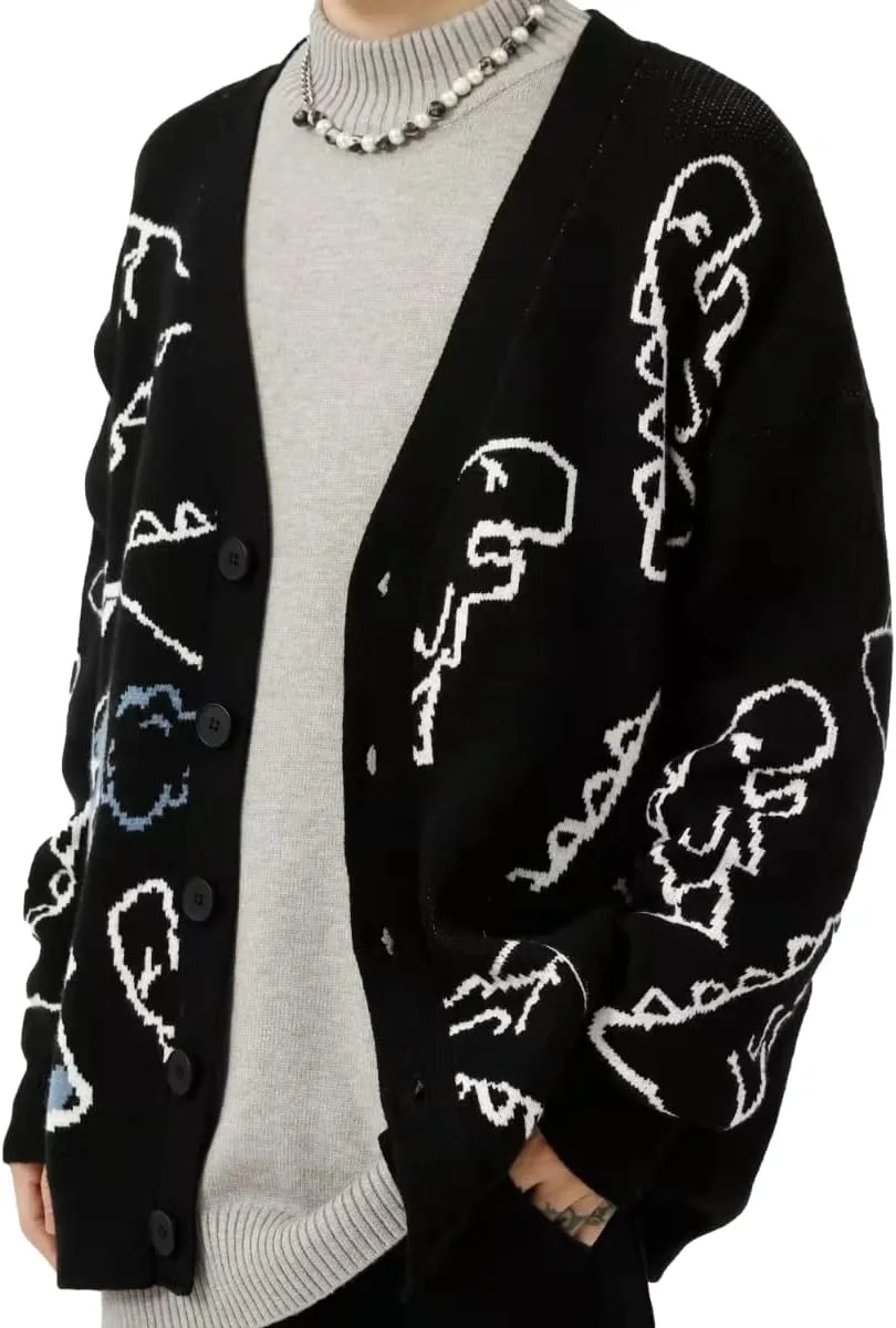 KCLOT Men's Vintage Knitted Sweater Cute Bear Printed Sweater Oversize Round Neck Pullover Jumper
