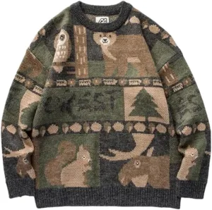 KCLOT Men's Vintage Knitted Sweater Cute Bear Printed Sweater Oversize Round Neck Pullover Jumper