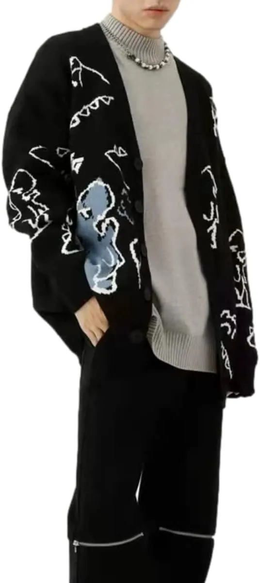 KCLOT Men's Vintage Knitted Sweater Cute Bear Printed Sweater Oversize Round Neck Pullover Jumper