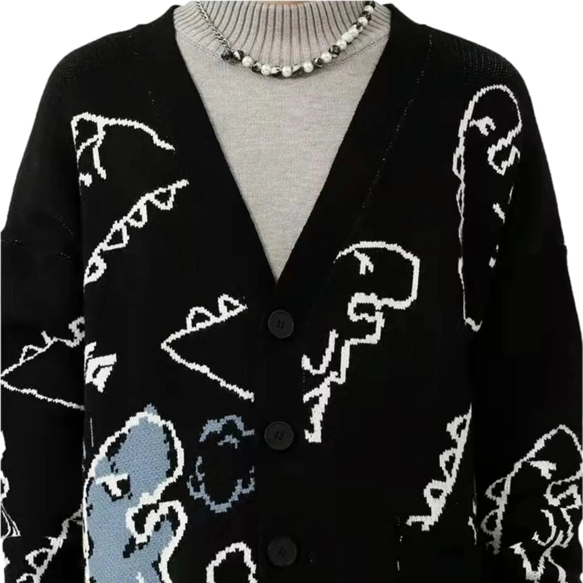 KCLOT Men's Vintage Knitted Sweater Cute Bear Printed Sweater Oversize Round Neck Pullover Jumper