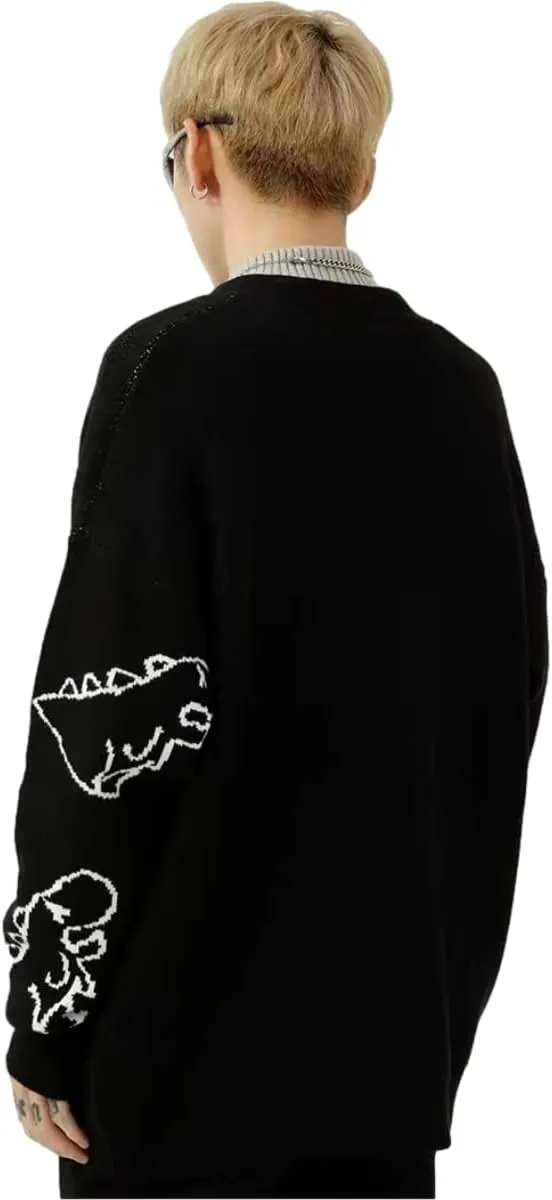 KCLOT Men's Vintage Knitted Sweater Cute Bear Printed Sweater Oversize Round Neck Pullover Jumper