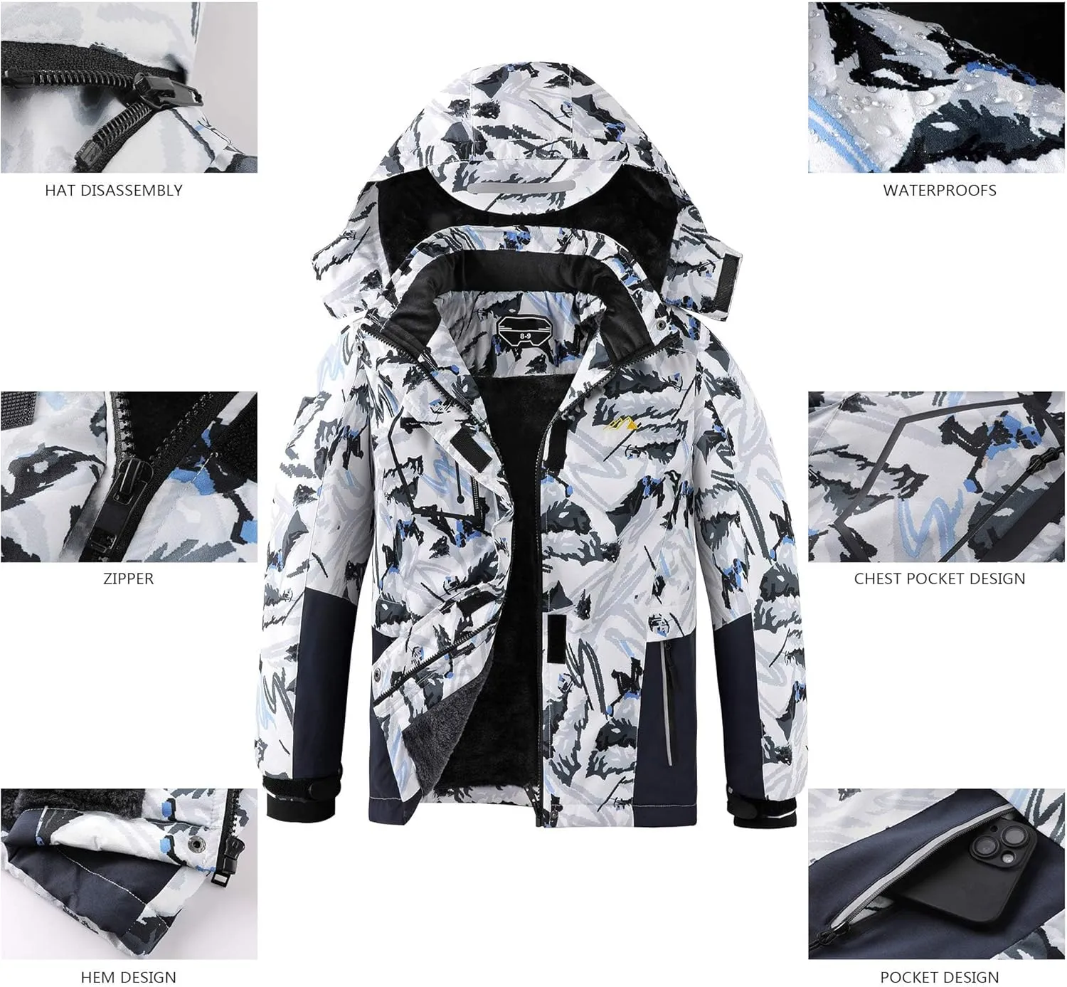 Kid's Ski Jacket Waterproof Boy's and Girl's Warm Fleece Winter Jacket Windproof Hooded Snow Coat