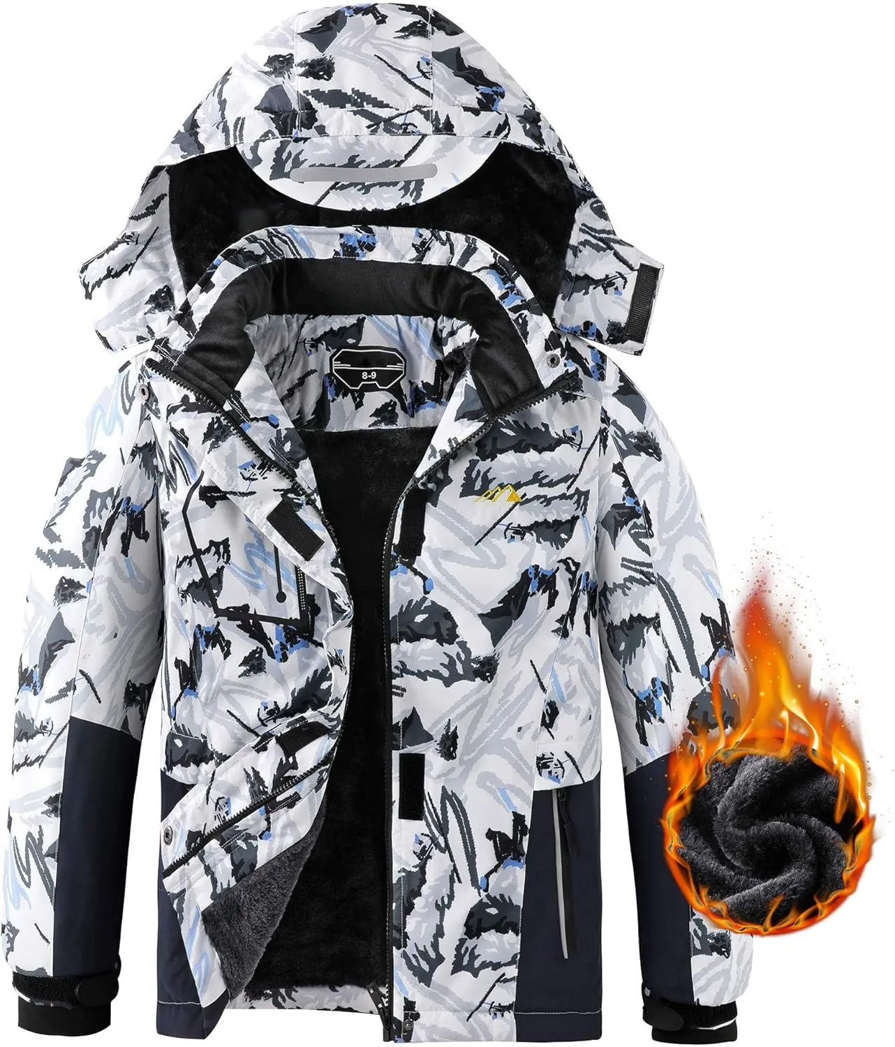 Kid's Ski Jacket Waterproof Boy's and Girl's Warm Fleece Winter Jacket Windproof Hooded Snow Coat