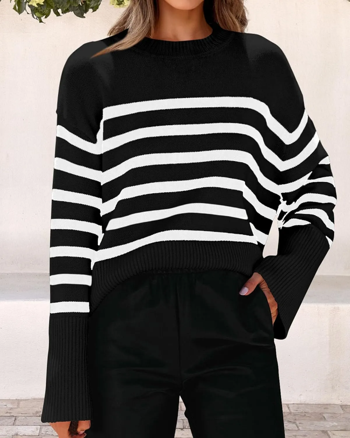 KIRUNDO Women's Striped Knit Oversized Fall Sweaters 2025 Trendy Clothes Crewneck Winter Pullover Sweater Side Split
