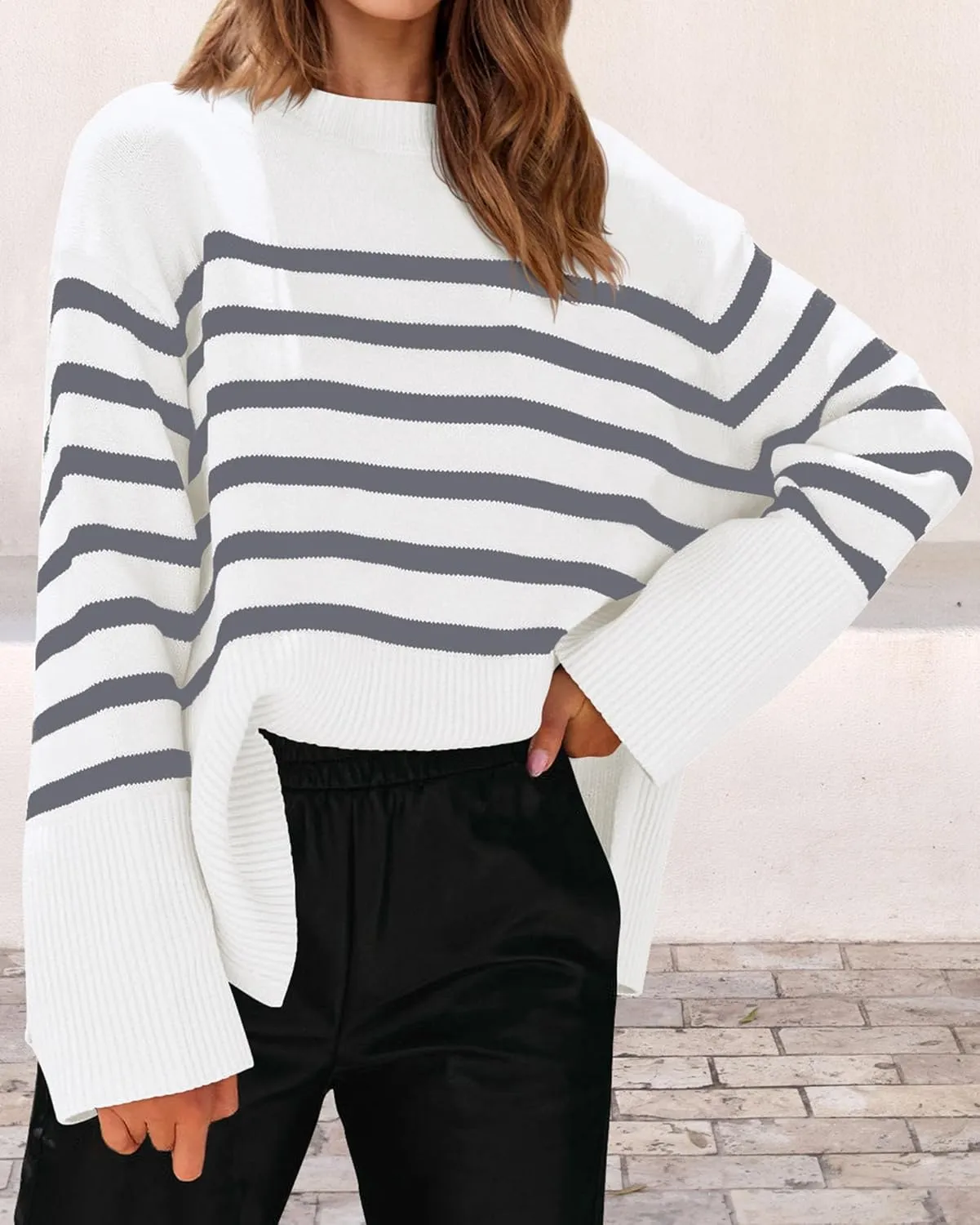 KIRUNDO Women's Striped Knit Oversized Fall Sweaters 2025 Trendy Clothes Crewneck Winter Pullover Sweater Side Split