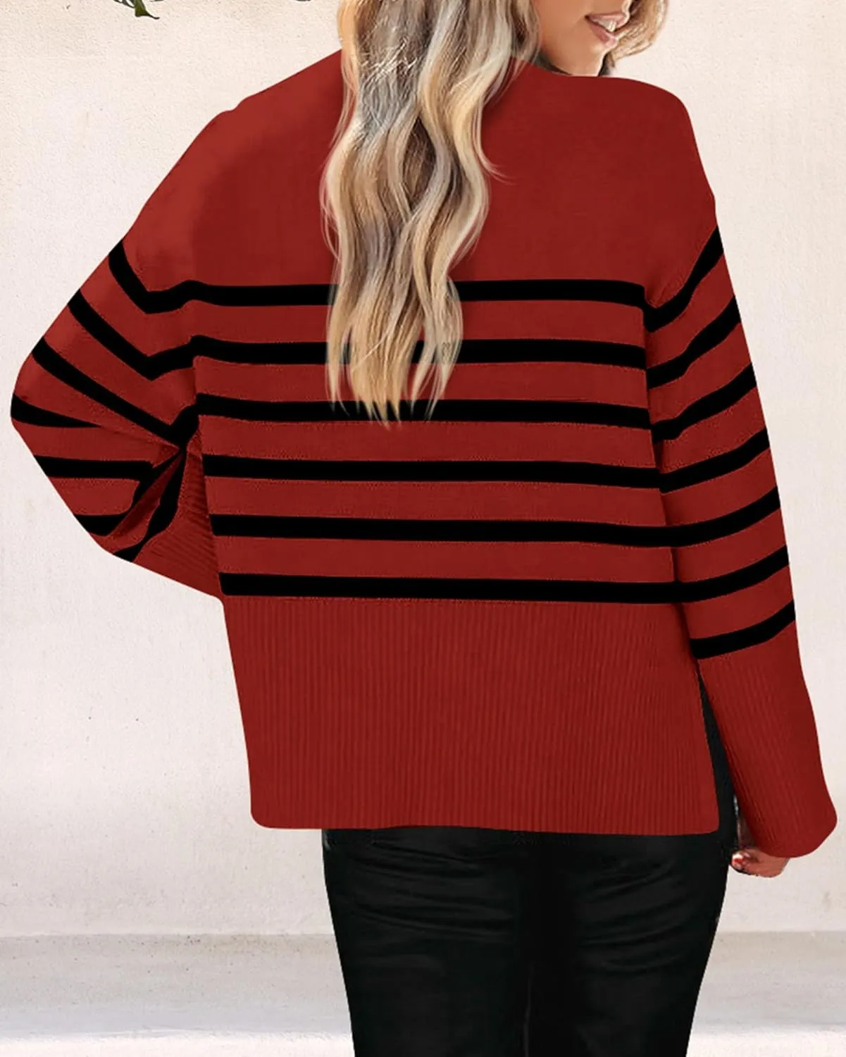 KIRUNDO Women's Striped Knit Oversized Fall Sweaters 2025 Trendy Clothes Crewneck Winter Pullover Sweater Side Split