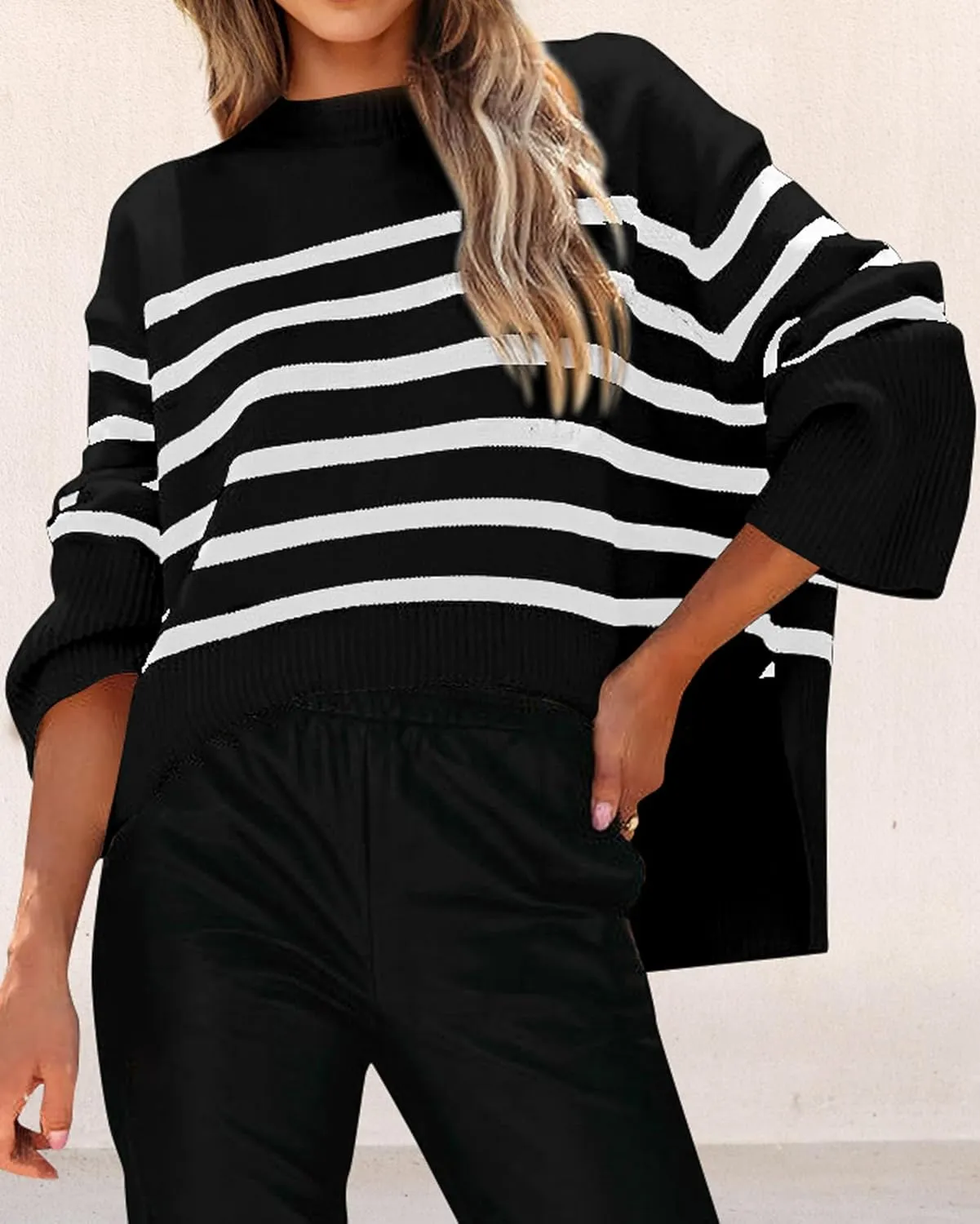 KIRUNDO Women's Striped Knit Oversized Fall Sweaters 2025 Trendy Clothes Crewneck Winter Pullover Sweater Side Split