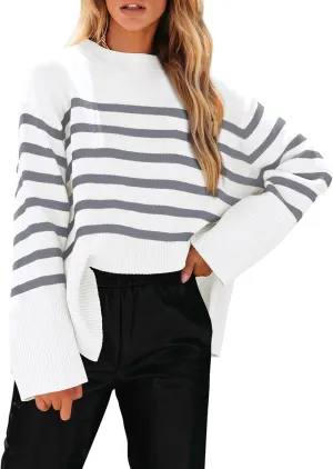 KIRUNDO Women's Striped Knit Oversized Fall Sweaters 2025 Trendy Clothes Crewneck Winter Pullover Sweater Side Split