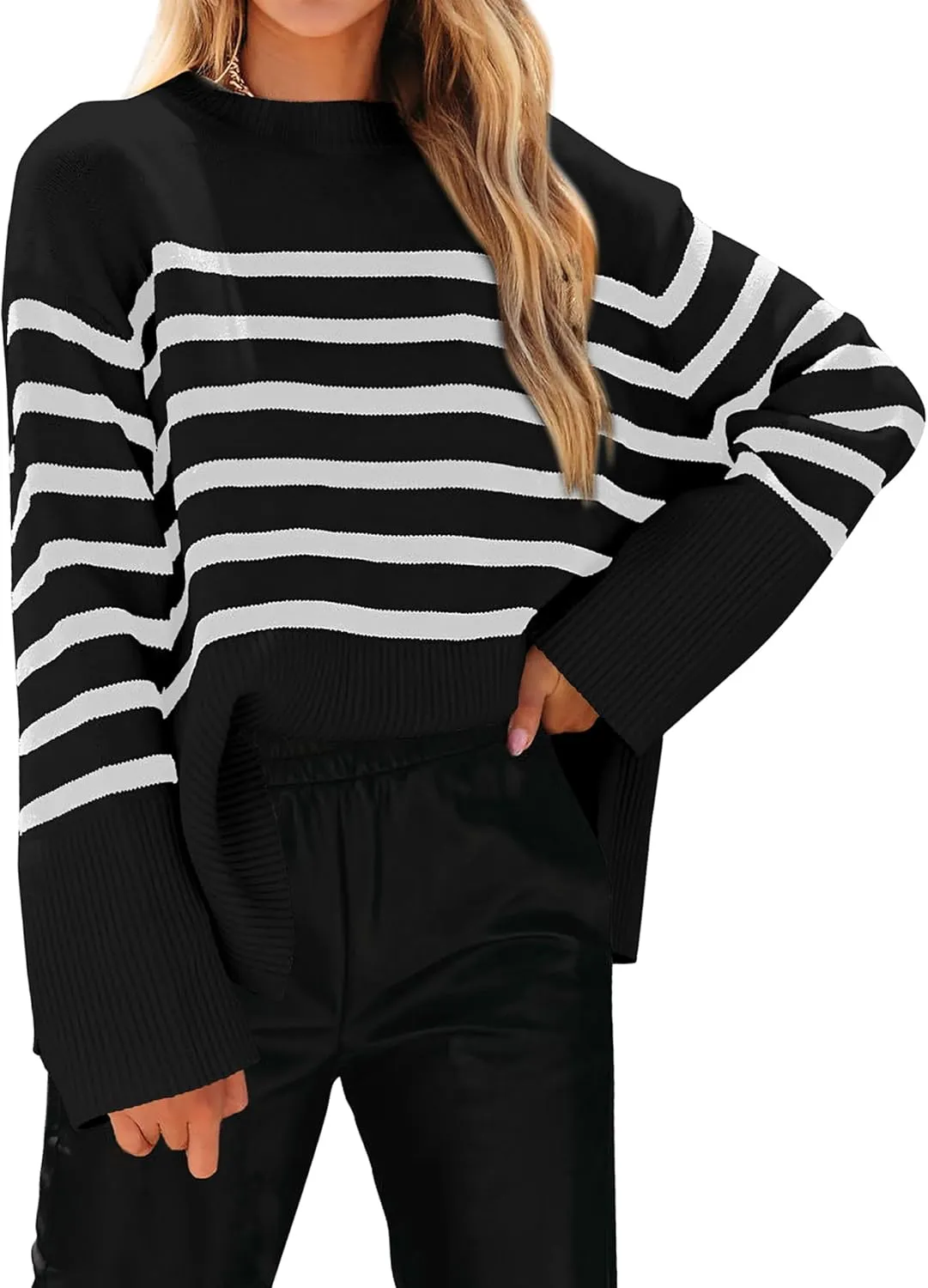 KIRUNDO Women's Striped Knit Oversized Fall Sweaters 2025 Trendy Clothes Crewneck Winter Pullover Sweater Side Split