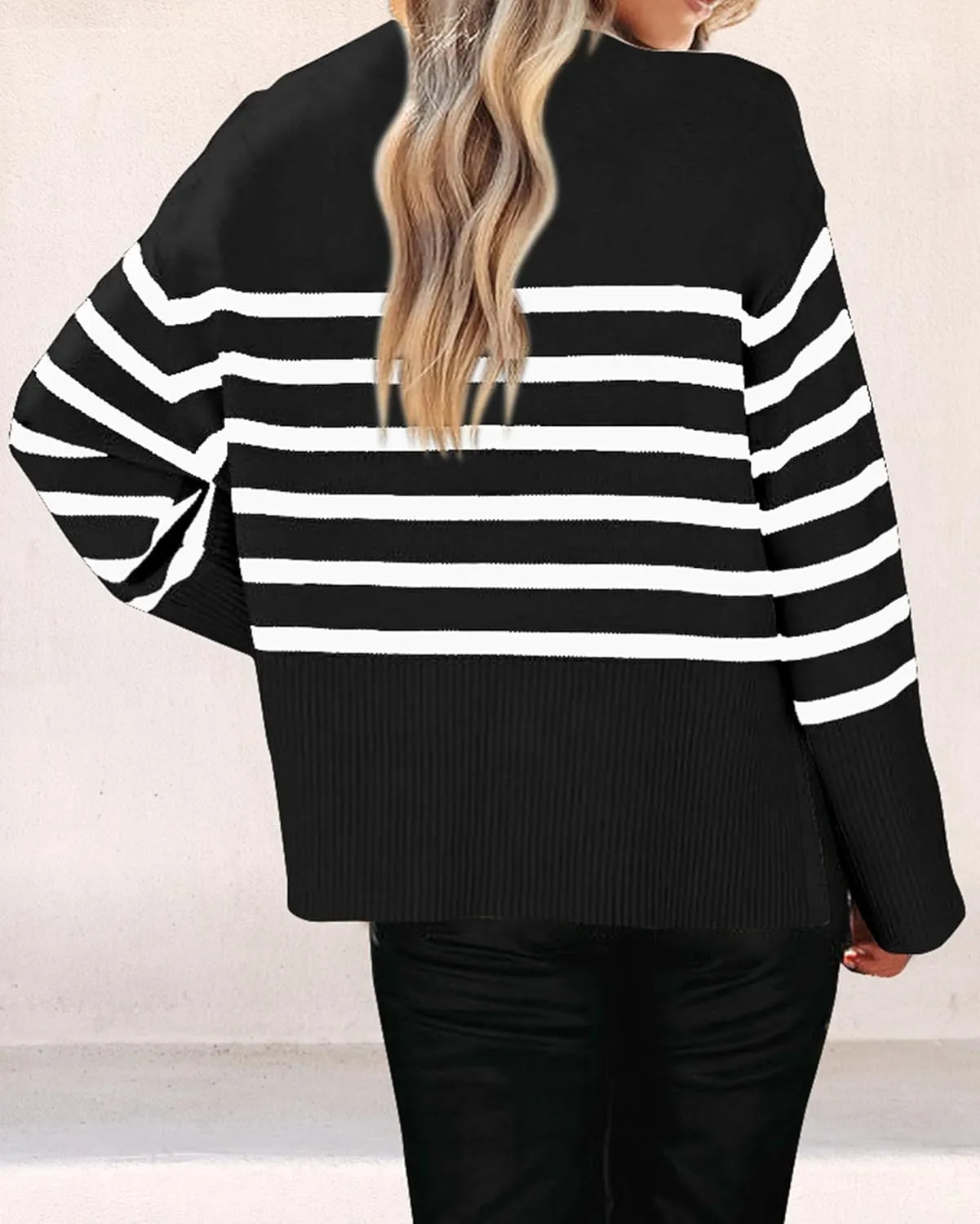 KIRUNDO Women's Striped Knit Oversized Fall Sweaters 2025 Trendy Clothes Crewneck Winter Pullover Sweater Side Split