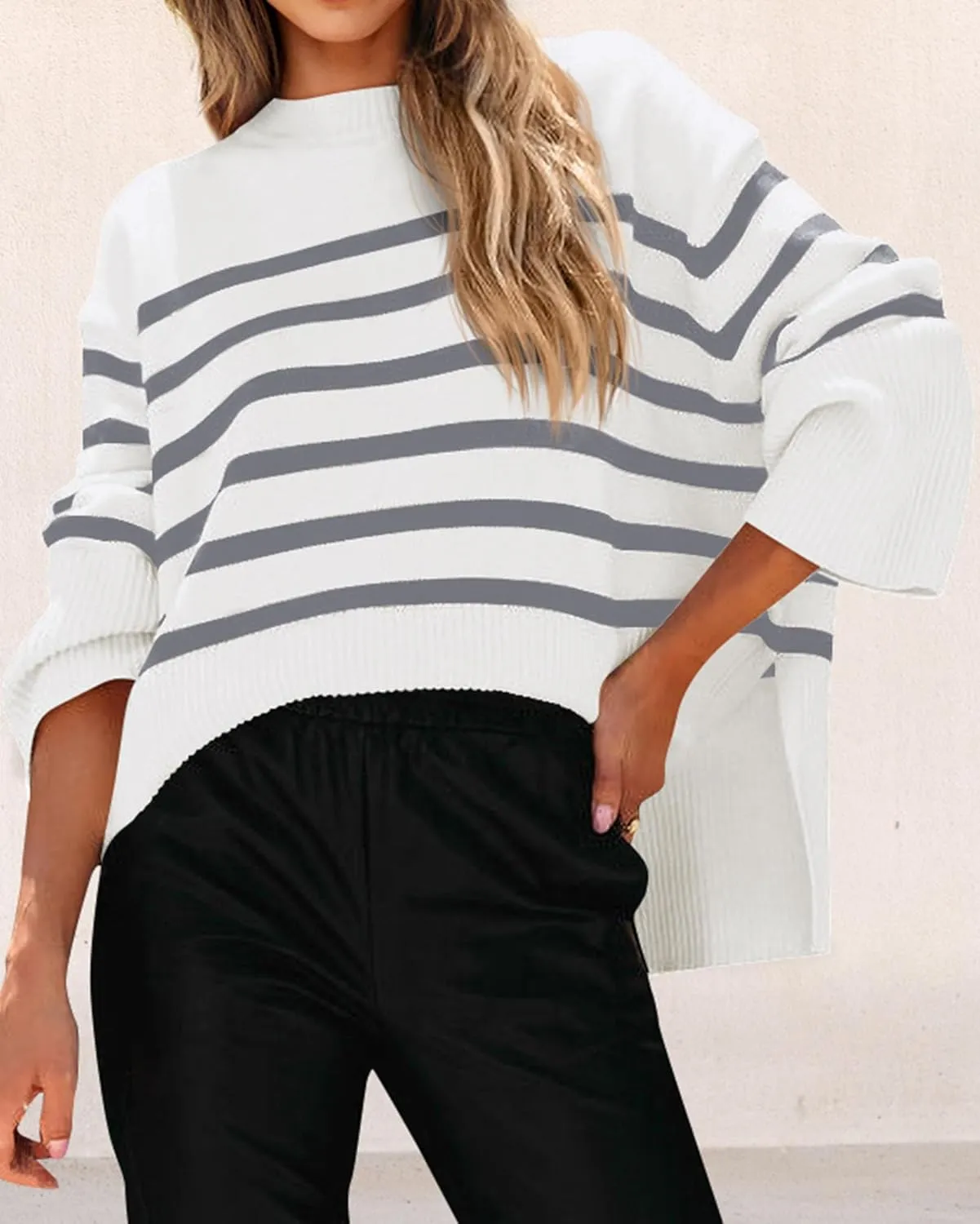KIRUNDO Women's Striped Knit Oversized Fall Sweaters 2025 Trendy Clothes Crewneck Winter Pullover Sweater Side Split