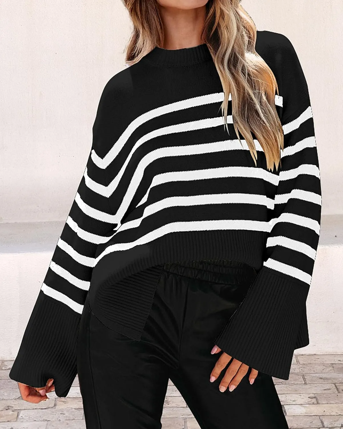 KIRUNDO Women's Striped Knit Oversized Fall Sweaters 2025 Trendy Clothes Crewneck Winter Pullover Sweater Side Split