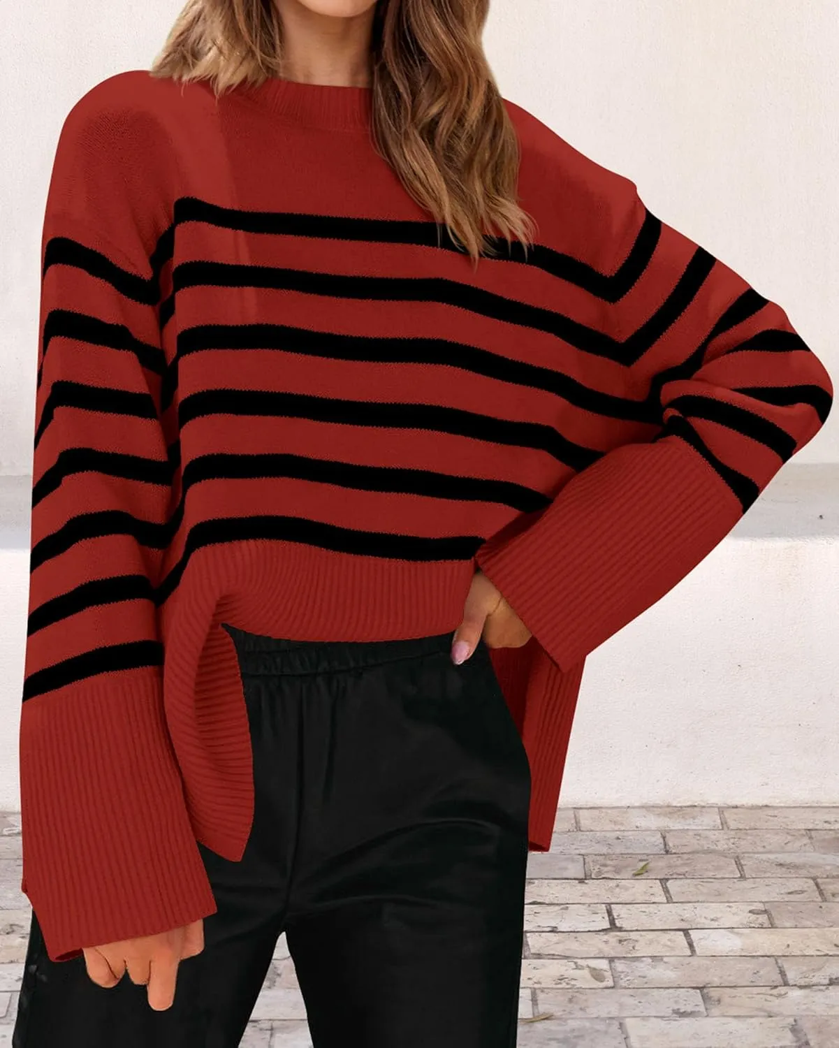 KIRUNDO Women's Striped Knit Oversized Fall Sweaters 2025 Trendy Clothes Crewneck Winter Pullover Sweater Side Split