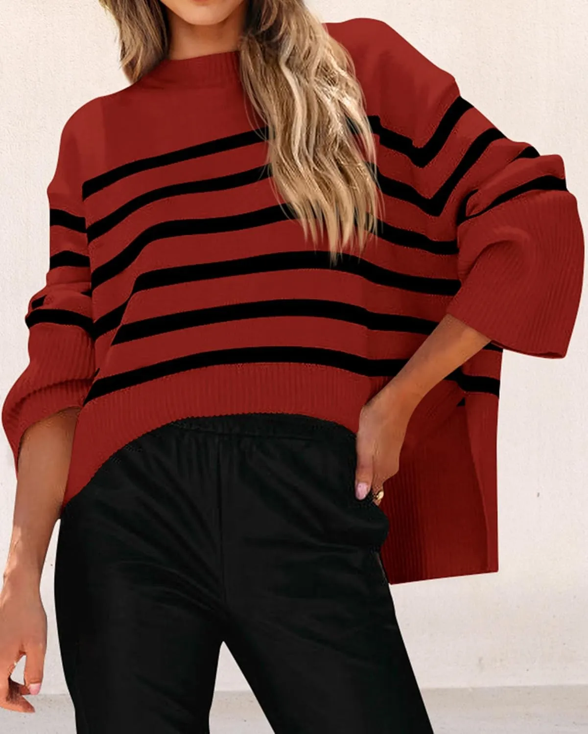 KIRUNDO Women's Striped Knit Oversized Fall Sweaters 2025 Trendy Clothes Crewneck Winter Pullover Sweater Side Split