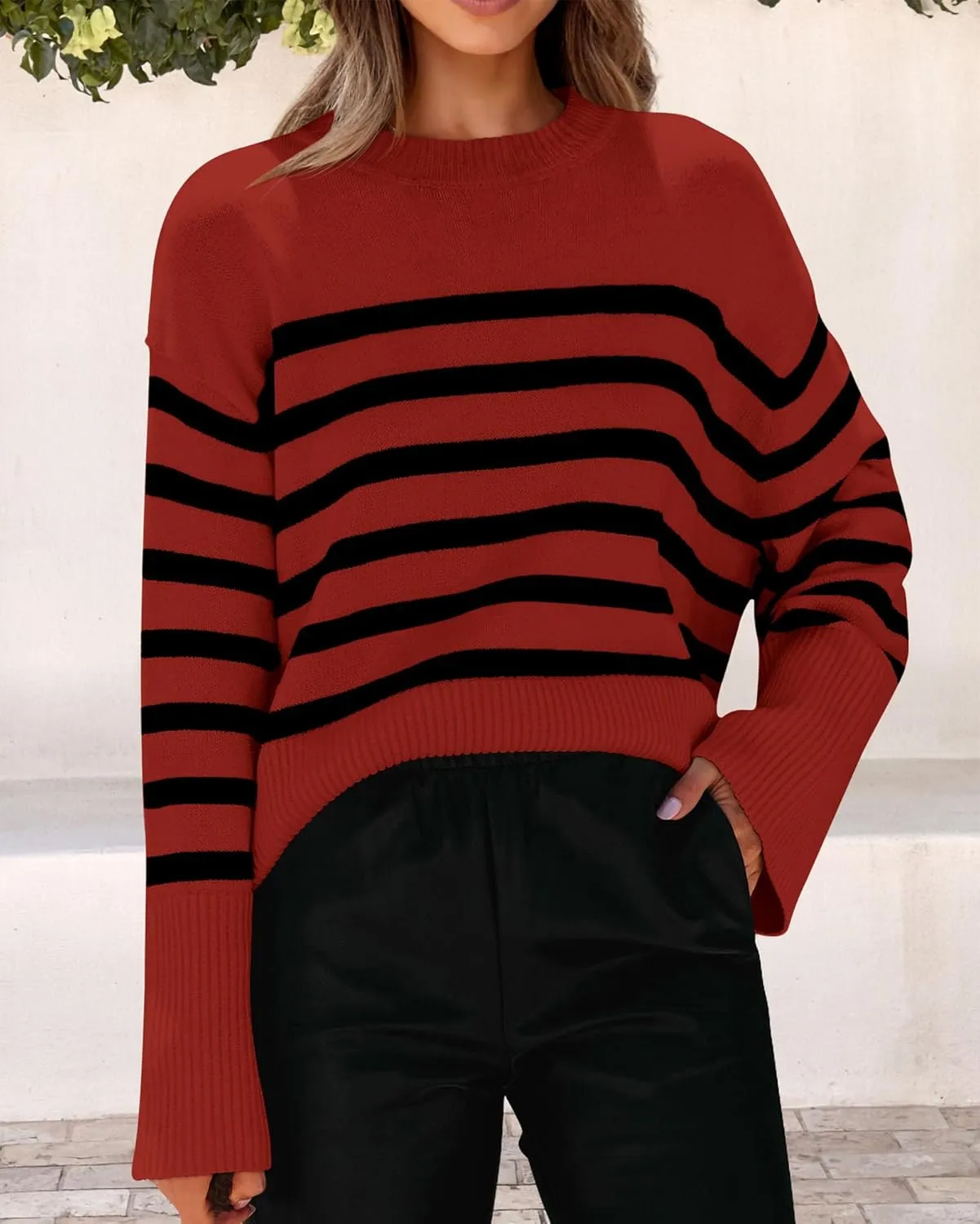 KIRUNDO Women's Striped Knit Oversized Fall Sweaters 2025 Trendy Clothes Crewneck Winter Pullover Sweater Side Split