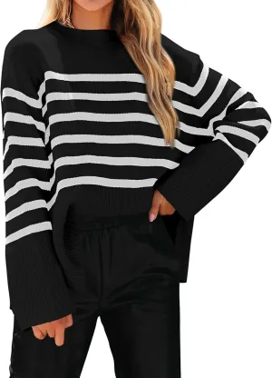 KIRUNDO Women's Striped Knit Oversized Fall Sweaters 2025 Trendy Clothes Crewneck Winter Pullover Sweater Side Split