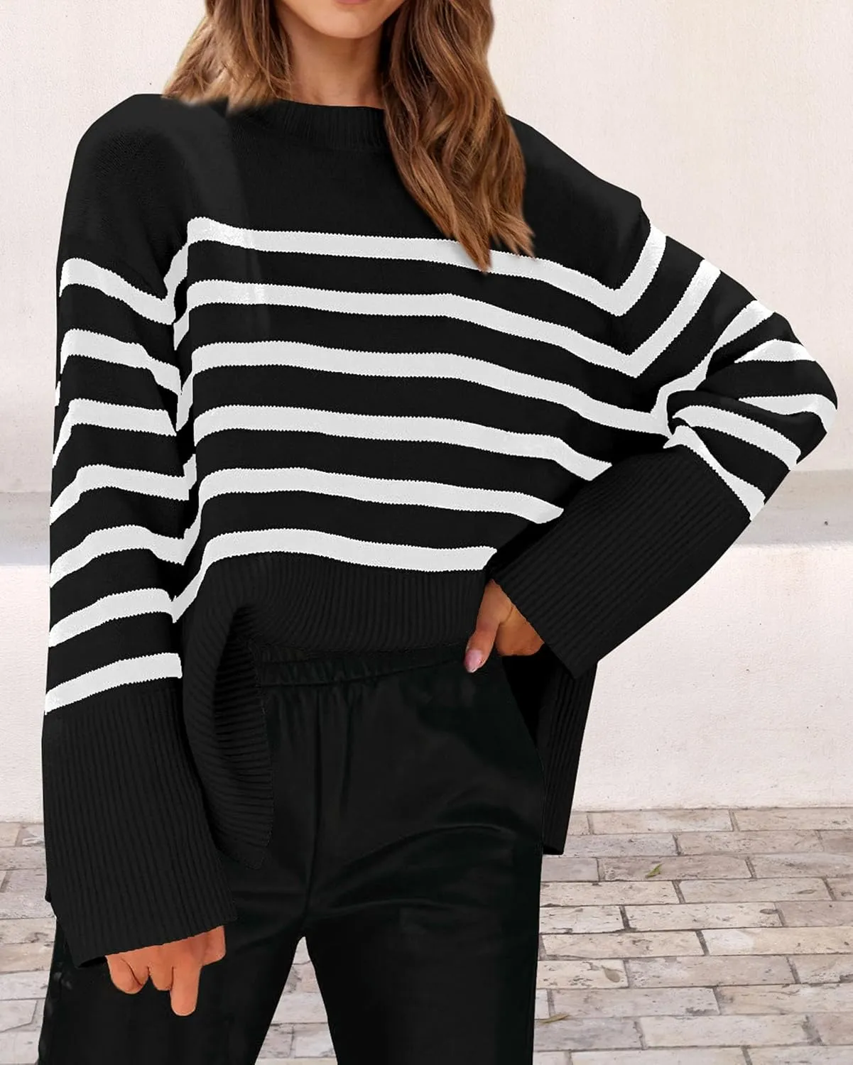 KIRUNDO Women's Striped Knit Oversized Fall Sweaters 2025 Trendy Clothes Crewneck Winter Pullover Sweater Side Split