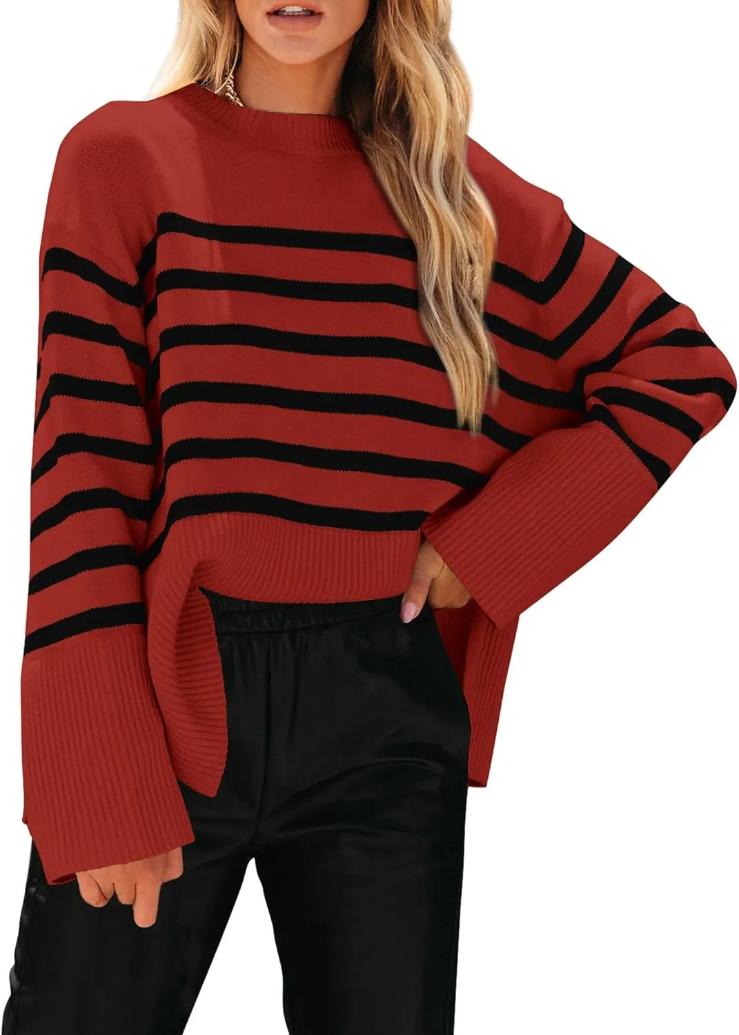 KIRUNDO Women's Striped Knit Oversized Fall Sweaters 2025 Trendy Clothes Crewneck Winter Pullover Sweater Side Split