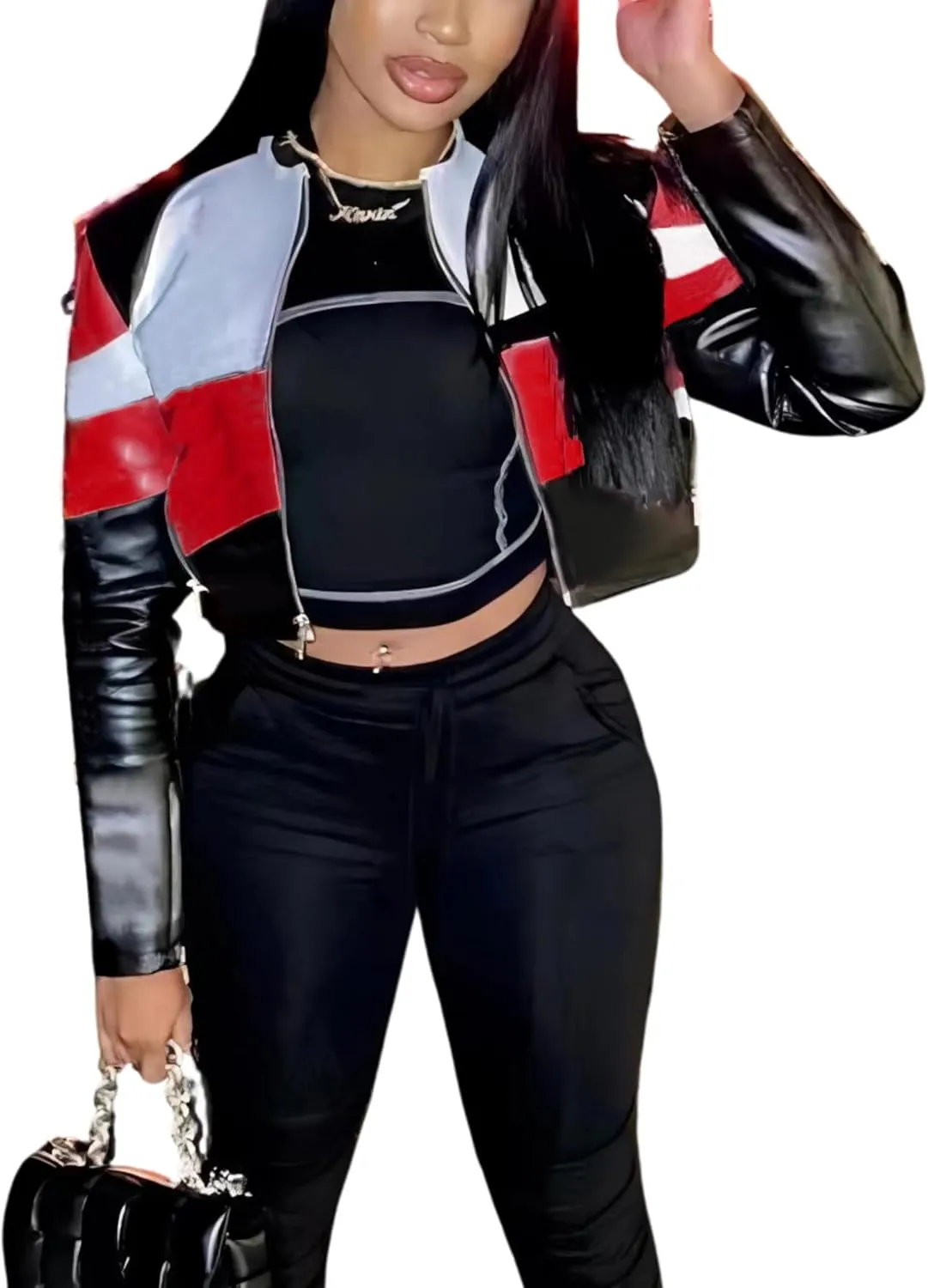 Ksotutm Women's Leather Bomber Motorcycle Jacket, Black, Long, Classic Fit, All Season, Casual, Party