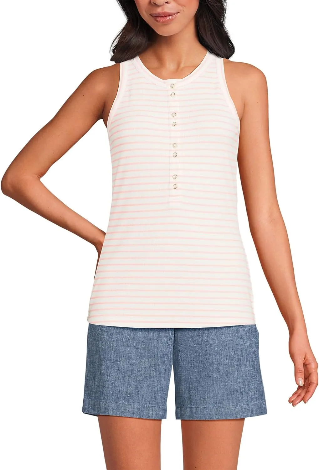 Lands' End Women's Drapey Rib Fitted Henley Tank Top