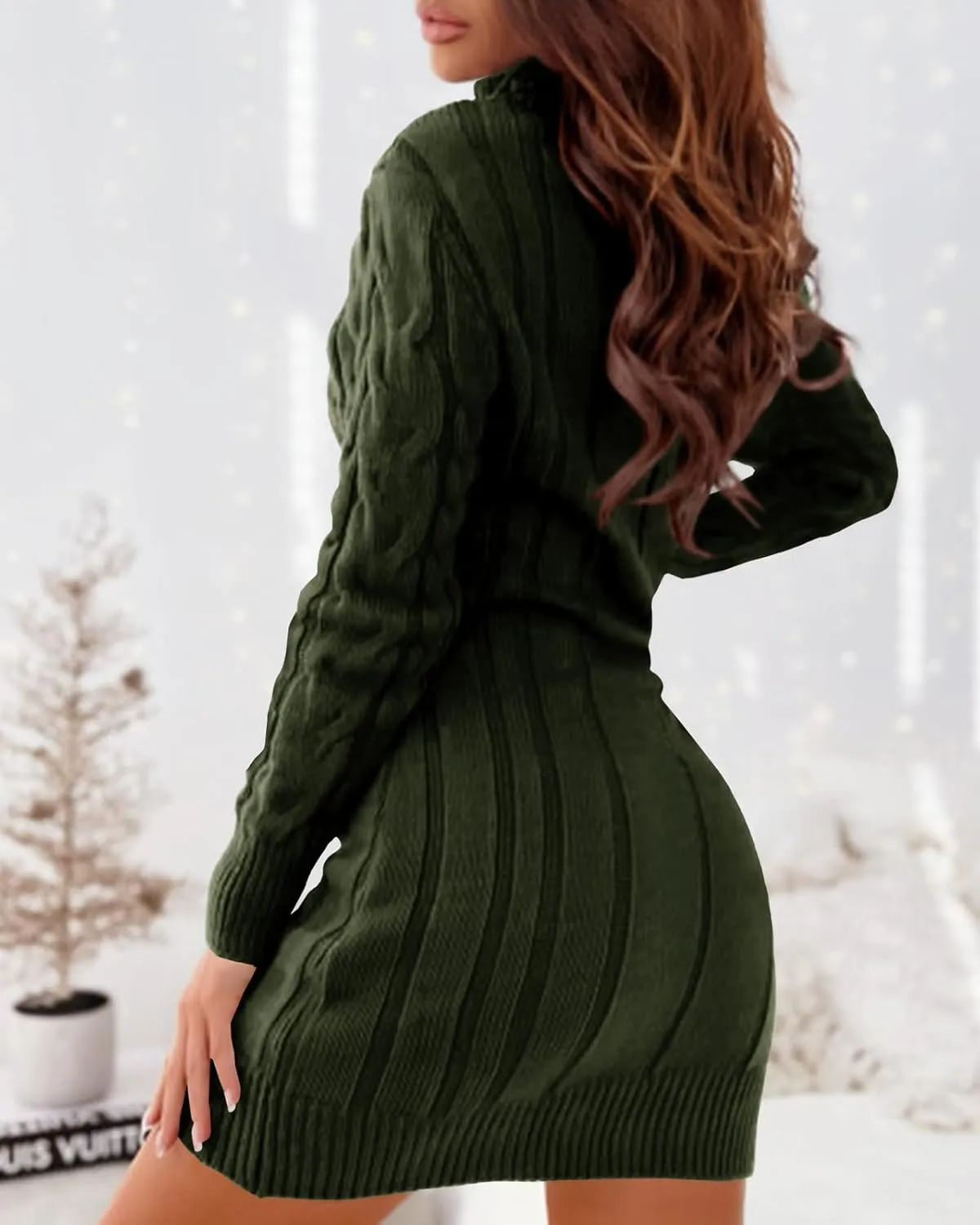 Langwyqu Womens Cable Knit Sweater Dress Sexy Long Sleeve Bodycon Turtleneck Mini Fall Sweaters Dresses