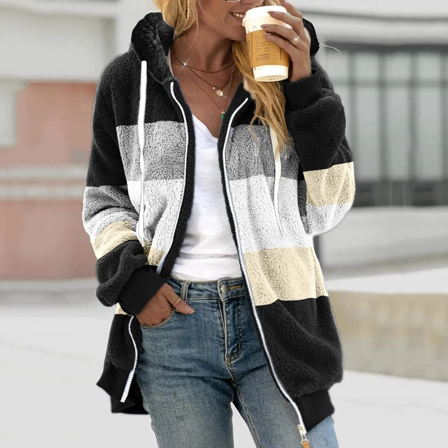 LCMTWX Womens 2023 Winter Fuzzy Fleece Jacket Artificial Wool Zipper Drawstring Solid Oversized Fuzzy Fleece Fluffy Fall
