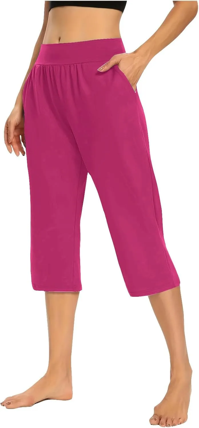 LFEOOST Capri Pants for Women High Waist Wide Leg Yoga Cropped Pants with Pockets Loose Casual Summer Outfits Lounge Pants
