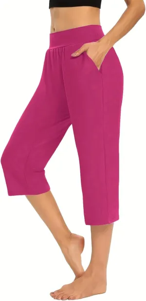 LFEOOST Capri Pants for Women High Waist Wide Leg Yoga Cropped Pants with Pockets Loose Casual Summer Outfits Lounge Pants