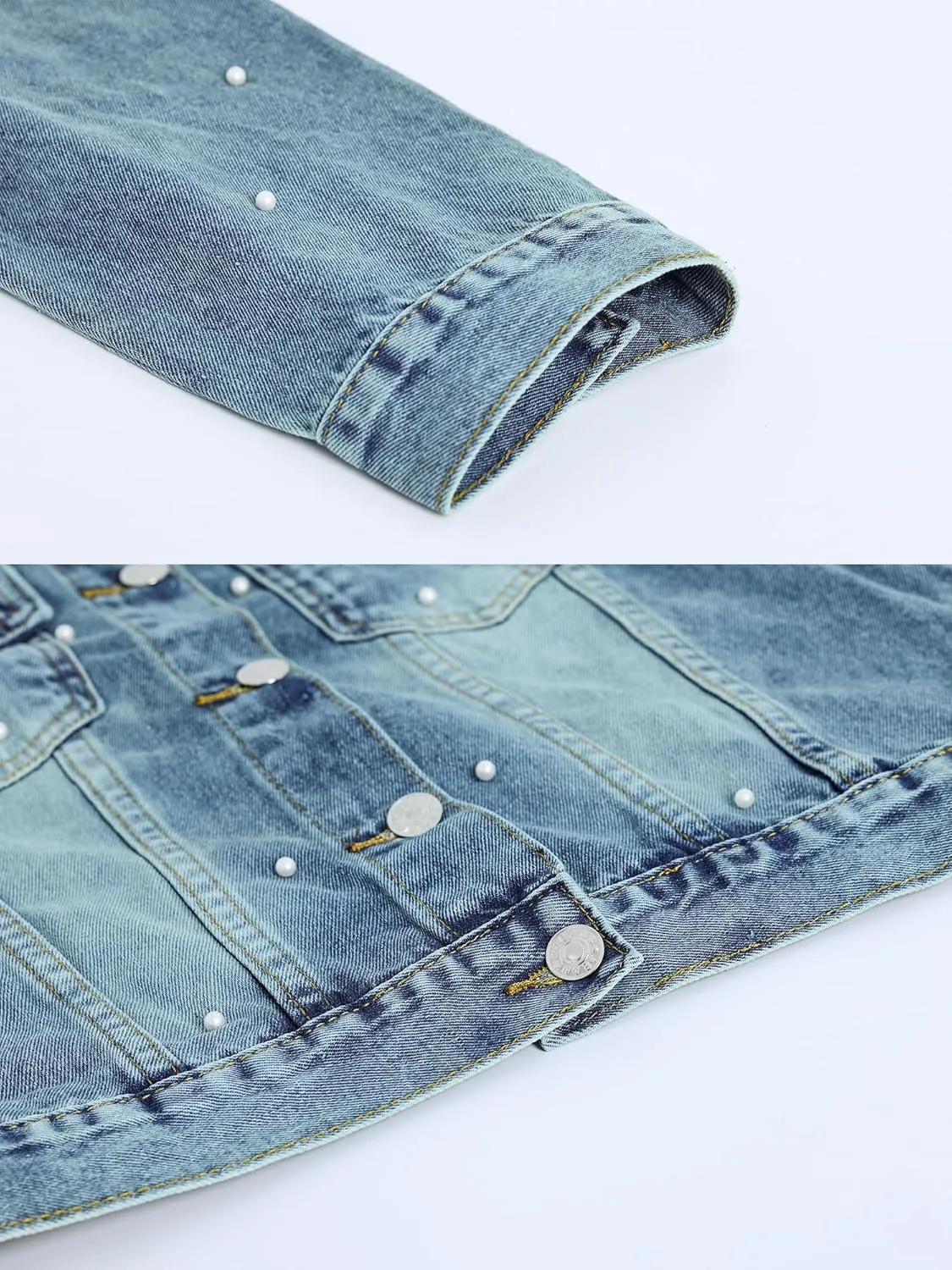 LifeShe Women's Pearls Denim Jacket 3/4 Sleeve Cropped Rhinestones Jean Jackets Trucker Coat