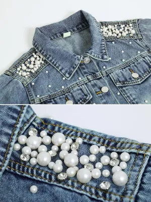 LifeShe Women's Pearls Denim Jacket 3/4 Sleeve Cropped Rhinestones Jean Jackets Trucker Coat