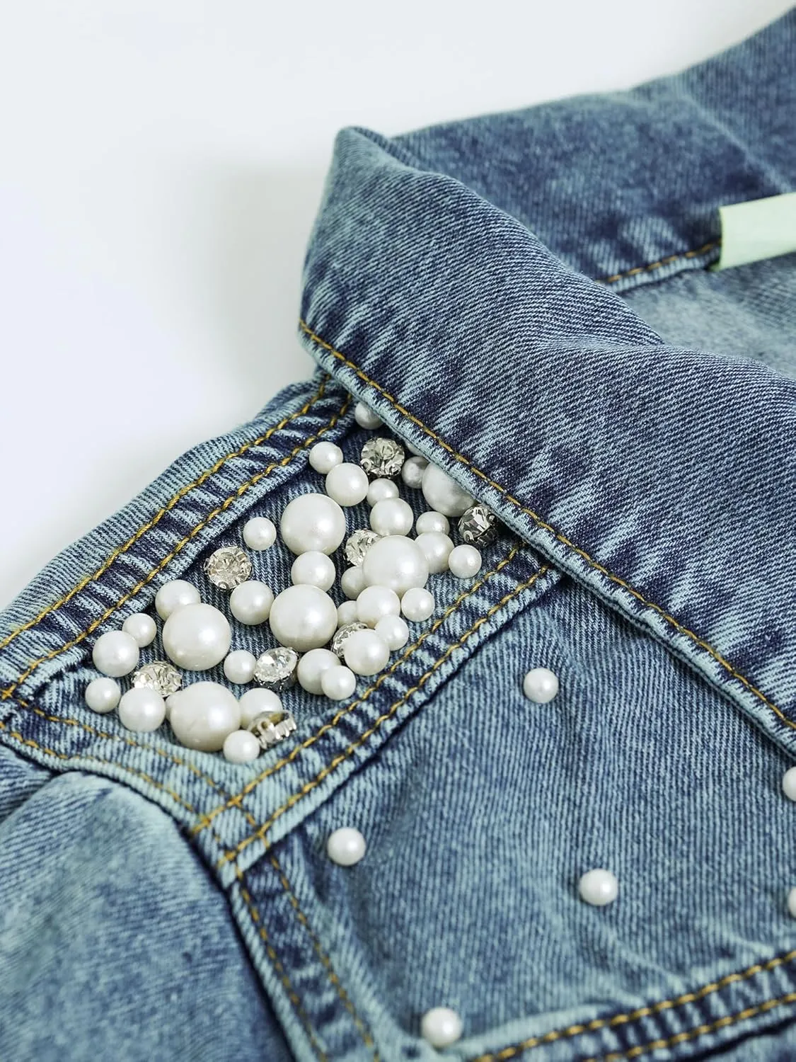 LifeShe Women's Pearls Denim Jacket 3/4 Sleeve Cropped Rhinestones Jean Jackets Trucker Coat