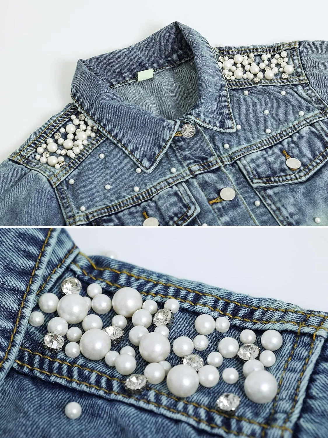 LifeShe Women's Pearls Denim Jacket 3/4 Sleeve Cropped Rhinestones Jean Jackets Trucker Coat