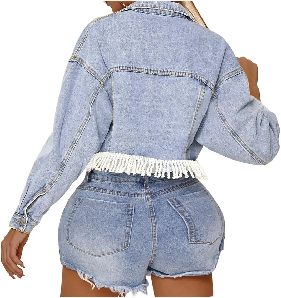 LifeShe Women's Tassel Cropped Denim Jean Jacket Coat With Frayed Hem