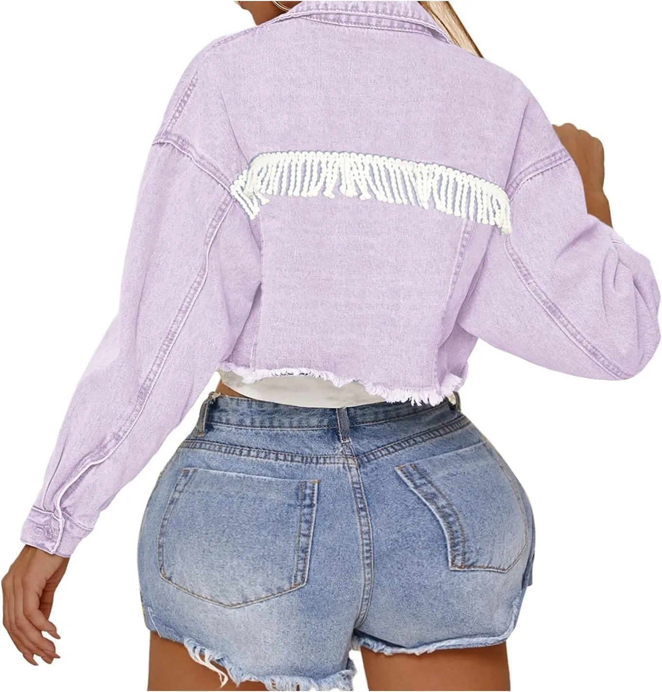 LifeShe Women's Tassel Cropped Denim Jean Jacket Coat With Frayed Hem
