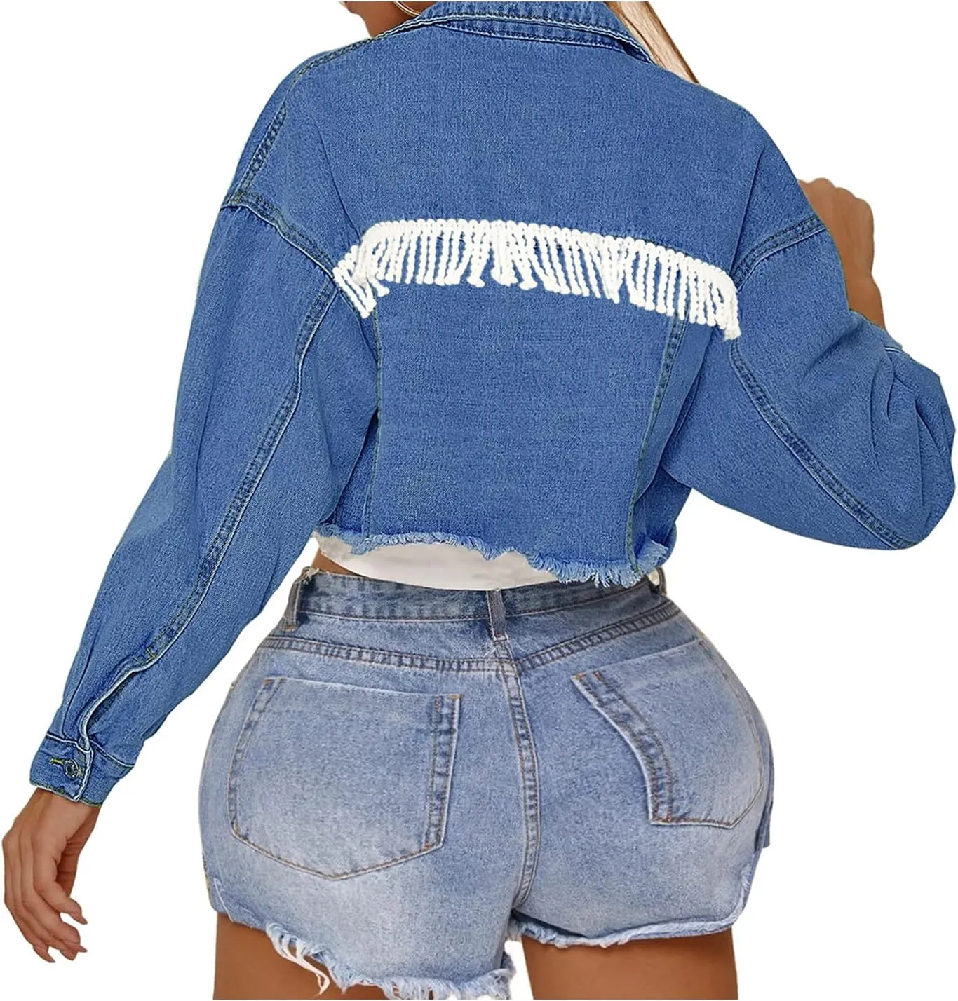 LifeShe Women's Tassel Cropped Denim Jean Jacket Coat With Frayed Hem